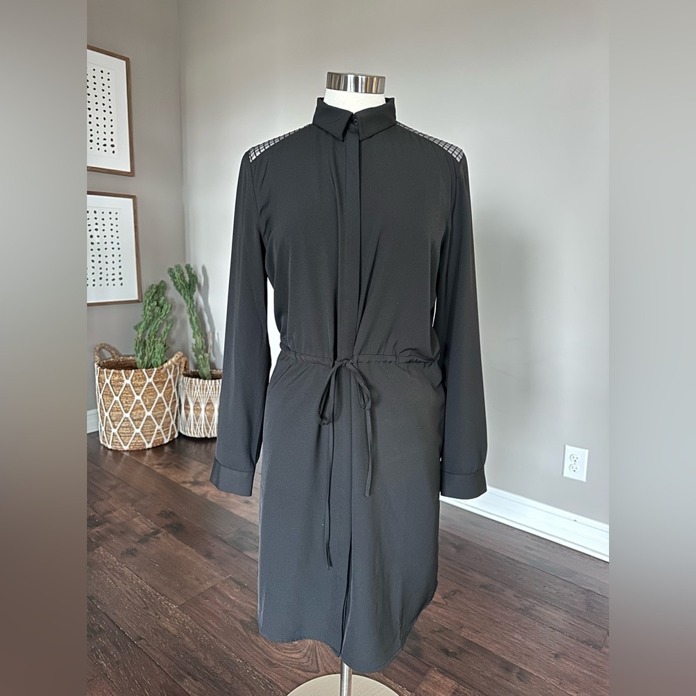 LOFT Ann Taylor ButtonUp Long Sleeve Sheer Lattice Shoulder Shirt Dress Black LG
